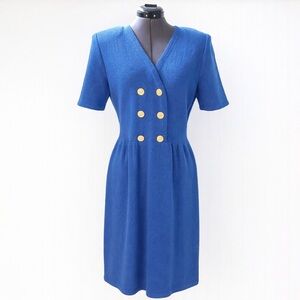 Vintage Don Sayres for Wellmore Blue Wool Dress Gold Button Size 10